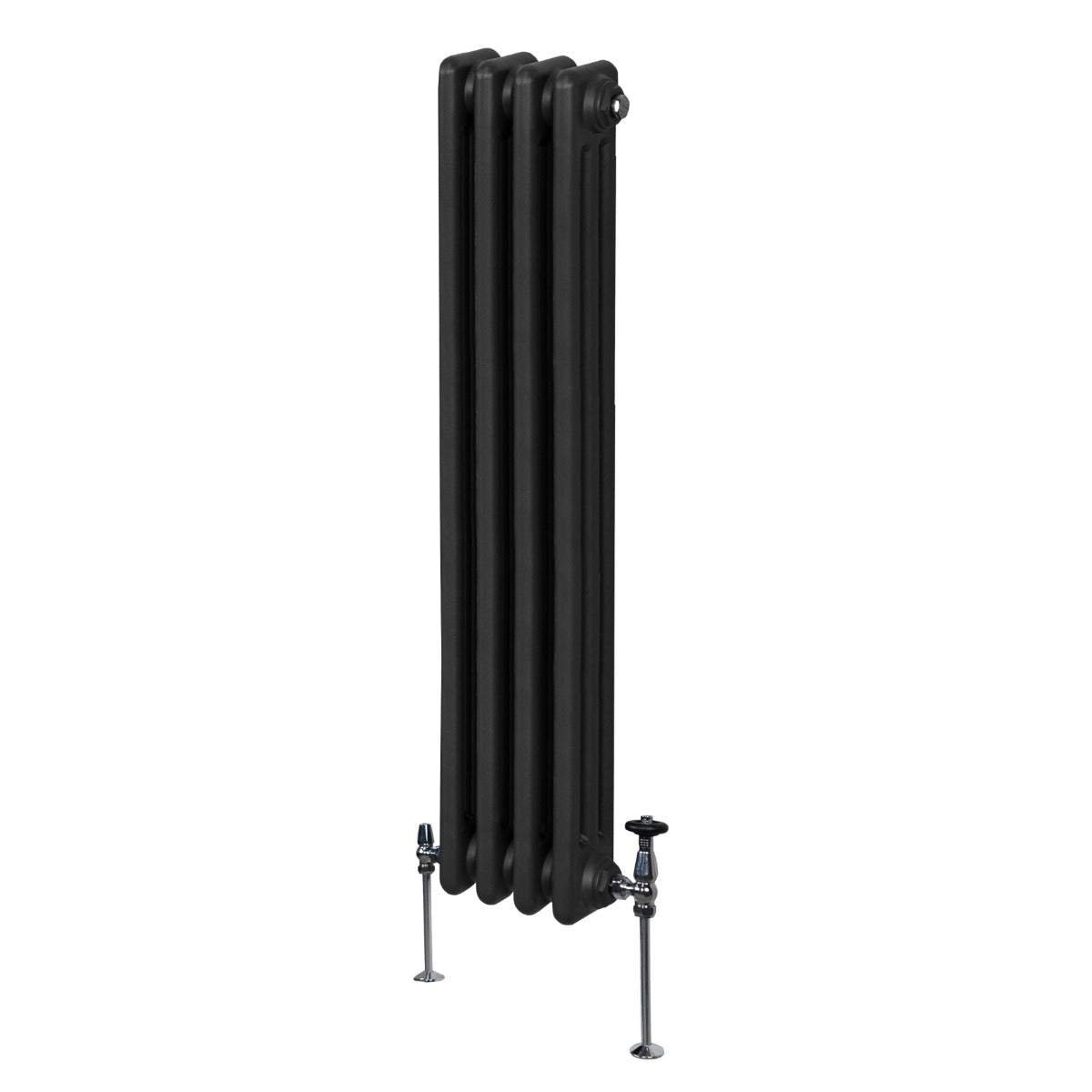 Termosifone a 3 colonne di colore nero, altezza 1500 mm, con finitura liscia e dettagli metallici, ideale per riscaldare ambienti