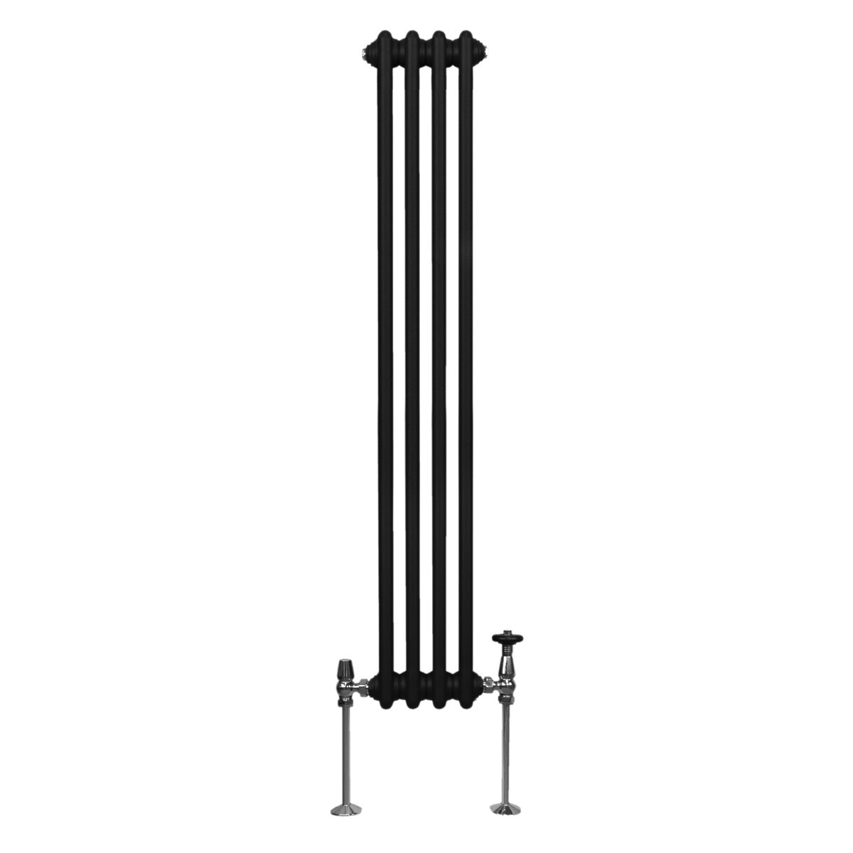 Termosifone a 3 colonne di colore nero, misura 1500 x 202mm, con finitura liscia e valvole cromate ai lati per un design elegante