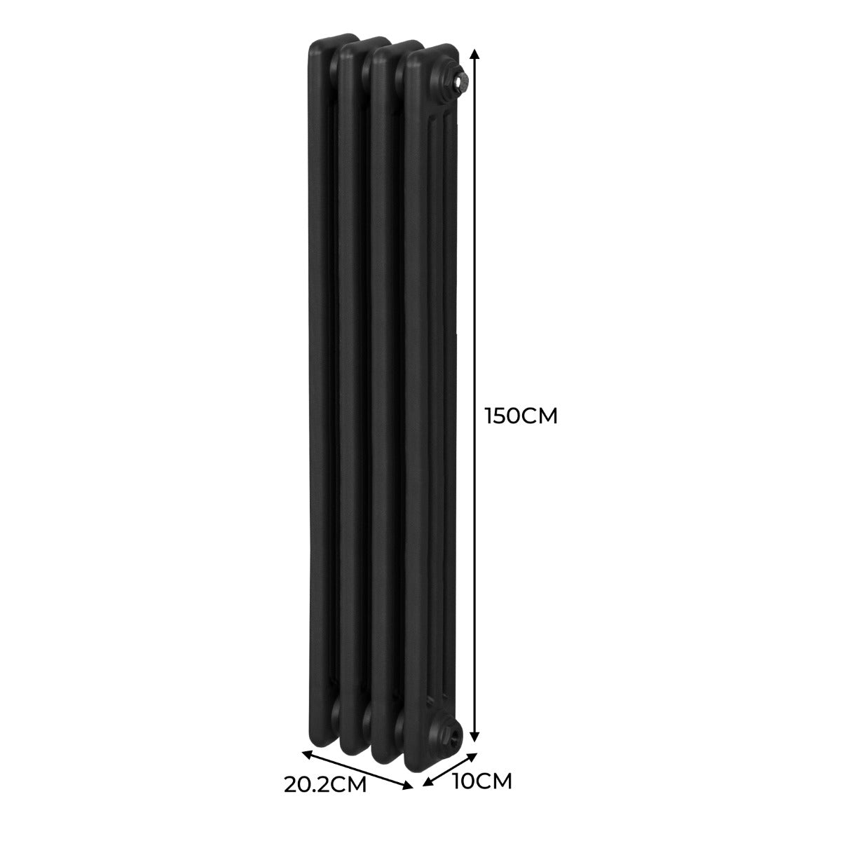 Termosifone a 3 colonne di colore nero, dimensioni 1500 x 202 mm, con finitura liscia e design elegante, ideale per riscaldare ambienti