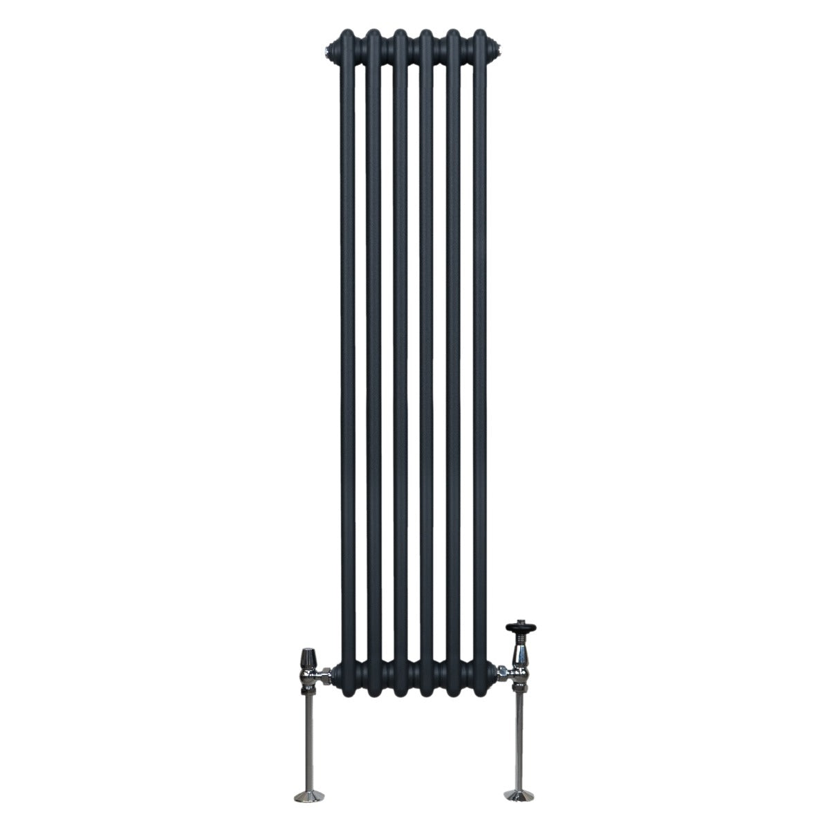 Termosifone a 3 colonne, 1500 x 292mm, in grigio antracite, con finitura liscia e tubi verticali, dotato di valvole in metallo lucido