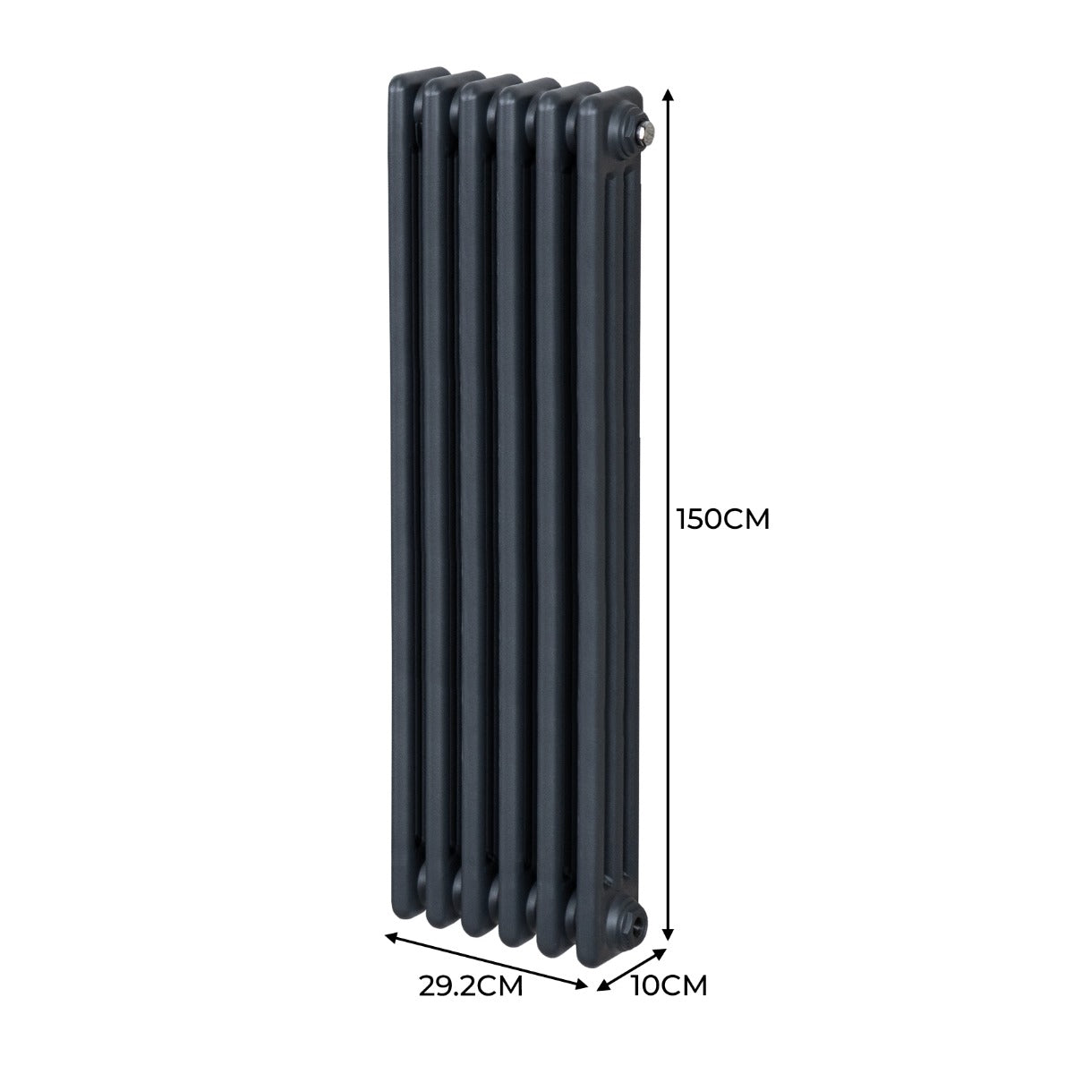 Termosifone a 3 colonne in grigio antracite, dimensioni 1500 x 292mm, con superficie liscia e design elegante per riscaldamento efficace