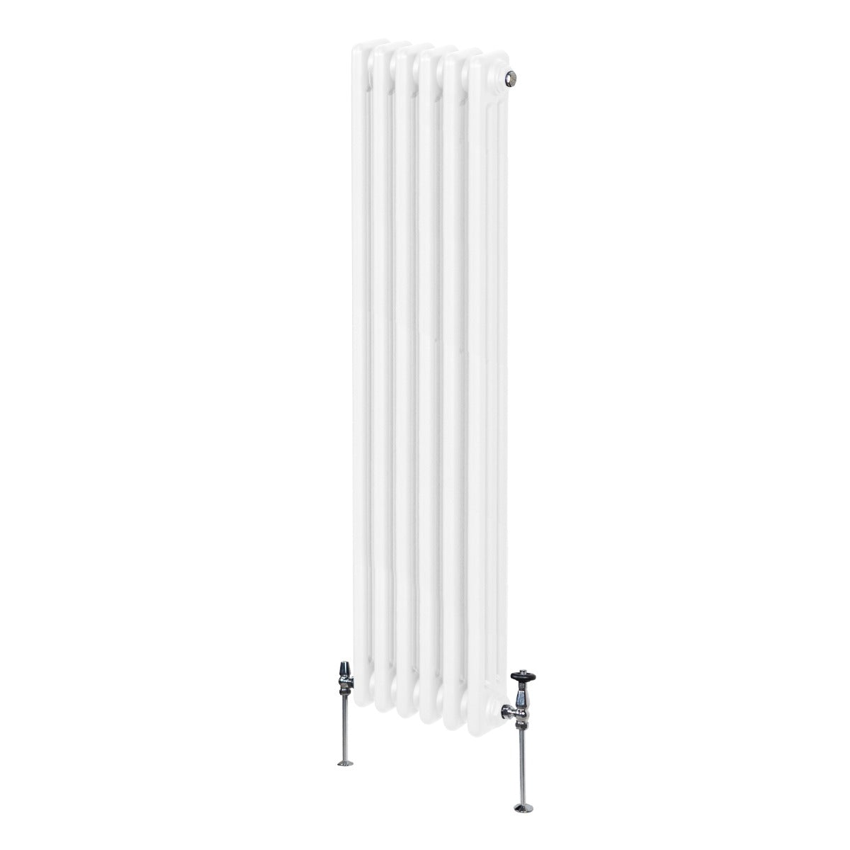 Termosifone a 3 colonne bianco, 1500 x 292mm, con finitura liscia e lucida, dotato di valvole in metallo cromato e piedi stabili