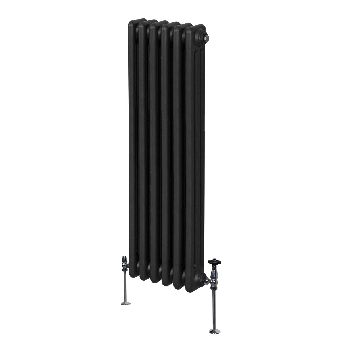 Termosifone a 3 colonne di colore nero, misura 1500 x 292mm, con finitura liscia e supporti metallici lucidi per il fissaggio