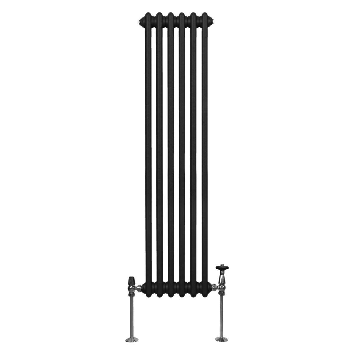 Termosifone a 3 colonne, 1500 x 292mm, finitura nera opaca, design elegante e moderno, con valvole in metallo lucido e linee verticali distintive