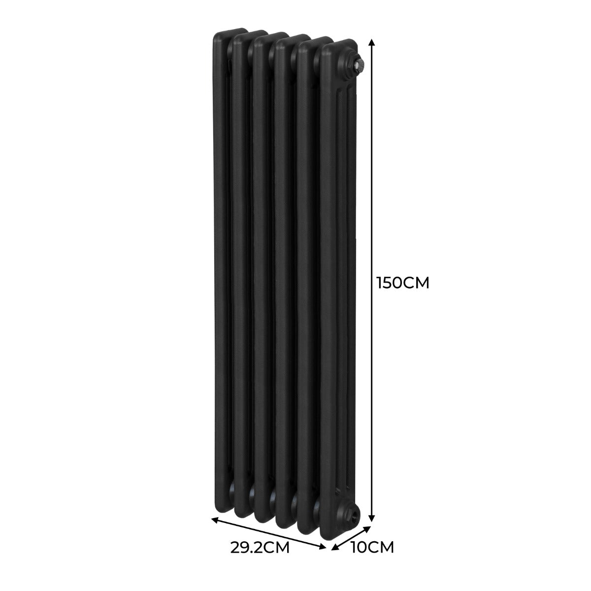 Termosifone a 3 colonne in nero, dimensioni 1500 x 292 mm, con superficie liscia e design elegante per un riscaldamento efficace