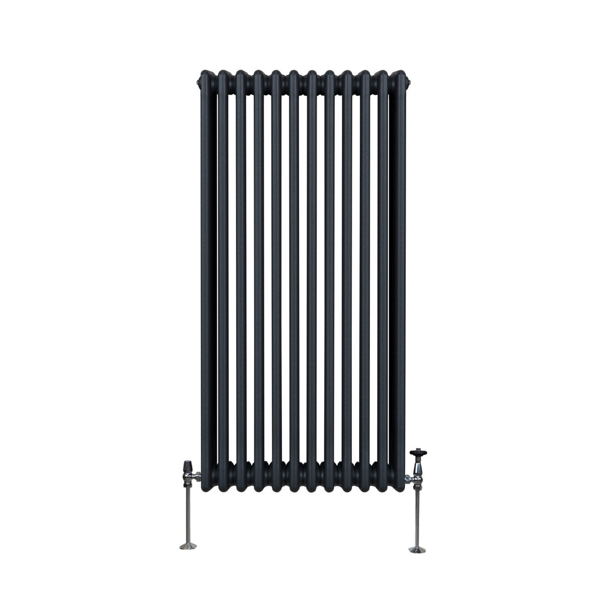 Termosifone a 3 colonne in grigio antracite, con finitura liscia e tubi verticali, dimensioni 1500 x 562 mm, supporti metallici lucidi