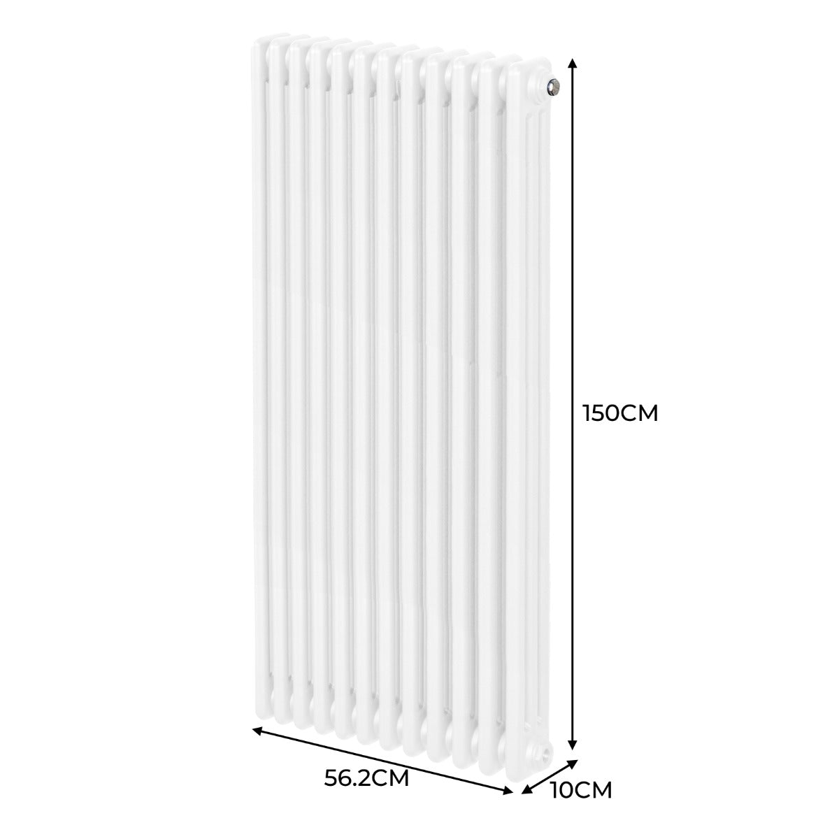 Termosifone a 3 colonne bianco, 1500 x 562 mm, con superficie liscia e finitura lucida, ideale per riscaldare ambienti moderni