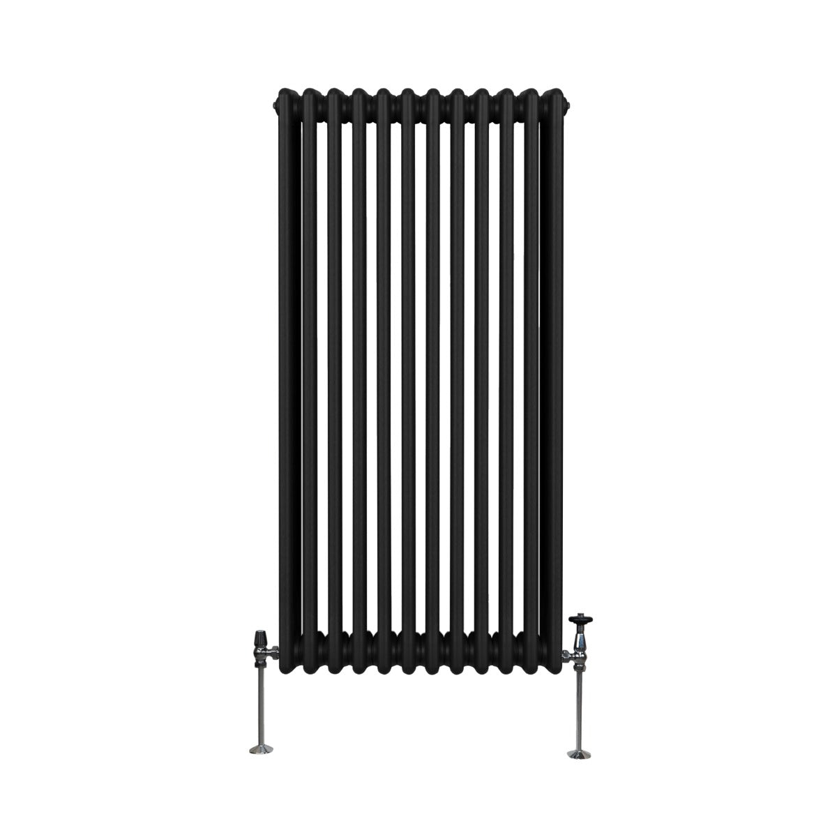 Termosifone a 3 colonne di 1500 x 562mm in nero, con finitura liscia e tubi verticali, montato su supporti metallici robusti