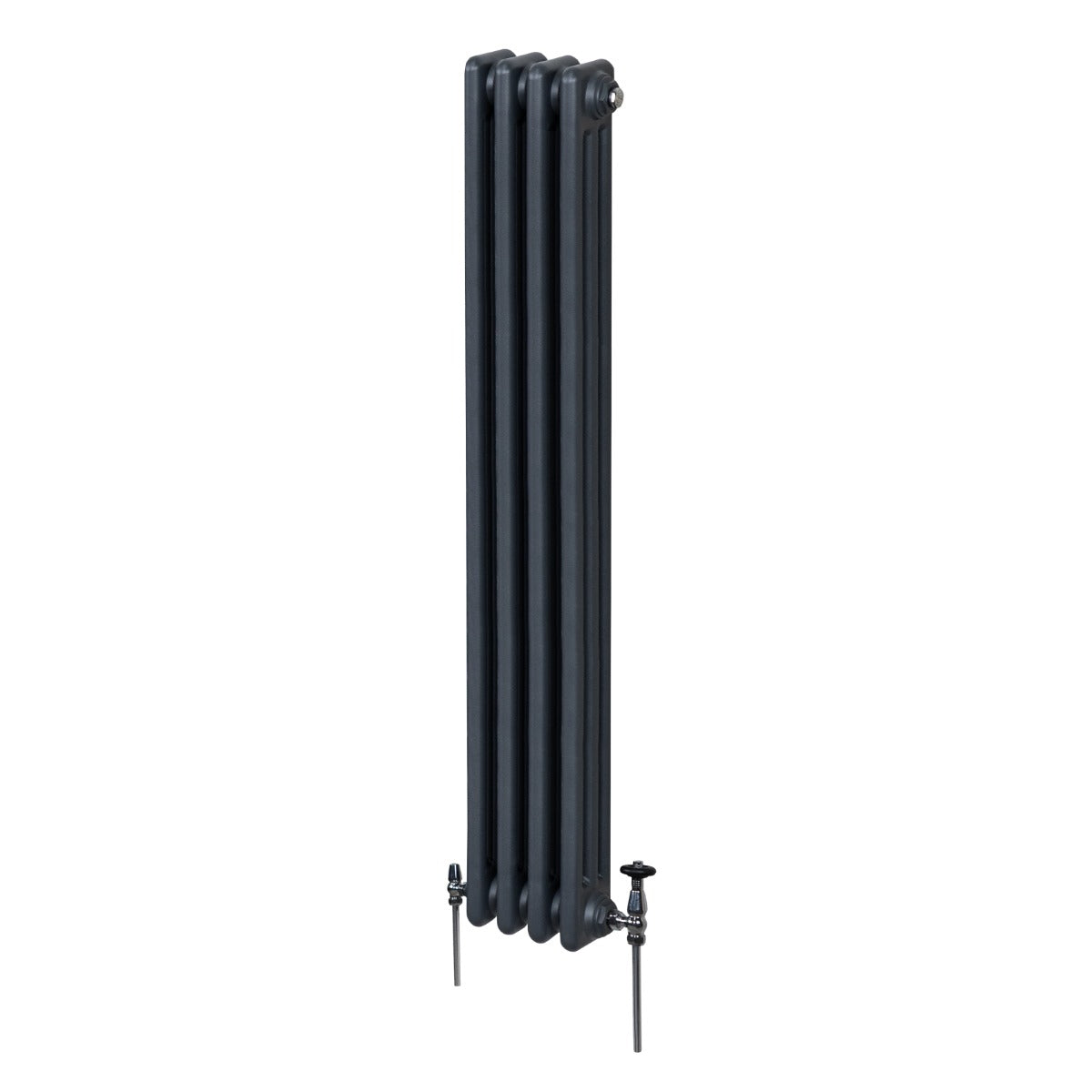 Termosifone a 3 colonne in grigio antracite, alto e stretto, con finitura liscia e dettagli metallici, ideale per riscaldare spazi moderni