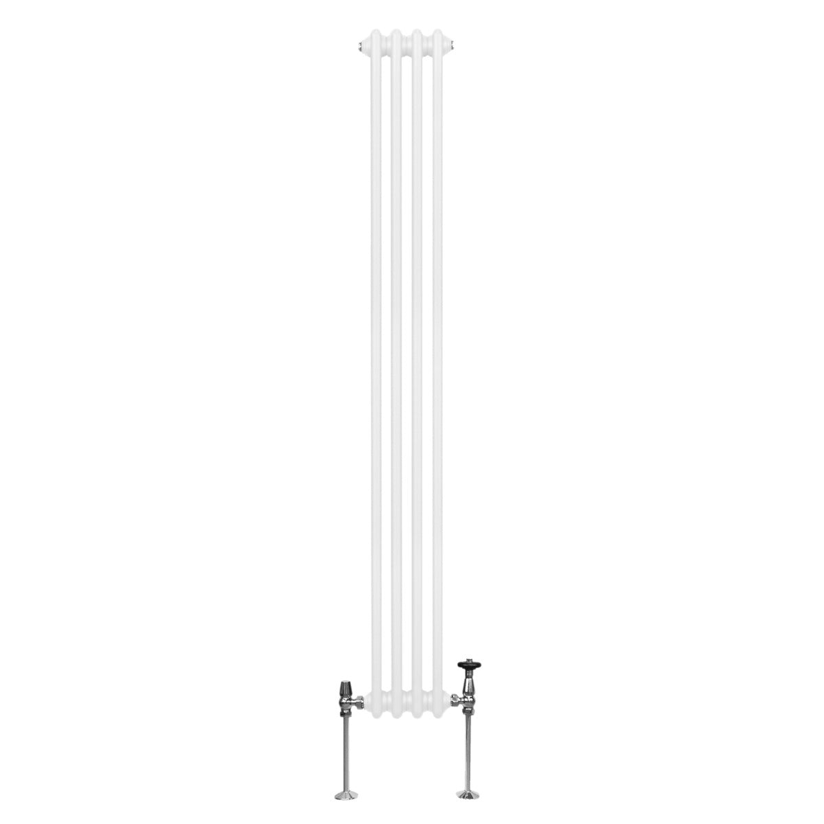 Termosifone a 3 colonne bianco, 1800 x 202mm, con finitura liscia e lucida, dotato di valvole in metallo cromato e design elegante