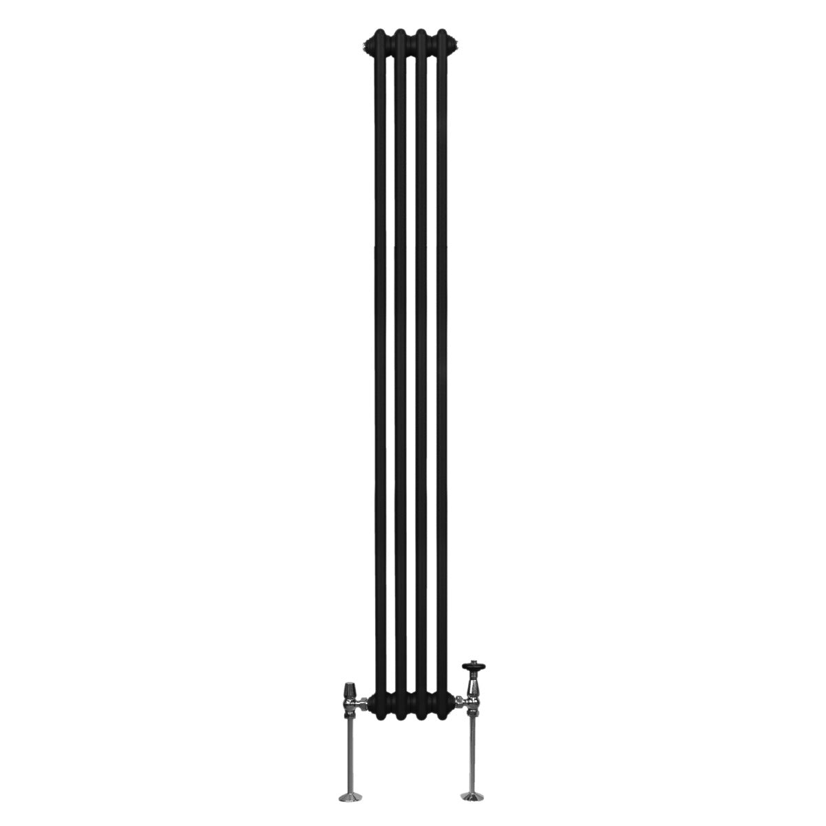 Termosifone a 3 colonne di colore nero, altezza 1800 mm, con finitura liscia e dettagli metallici lucidi, ideale per riscaldamento moderno