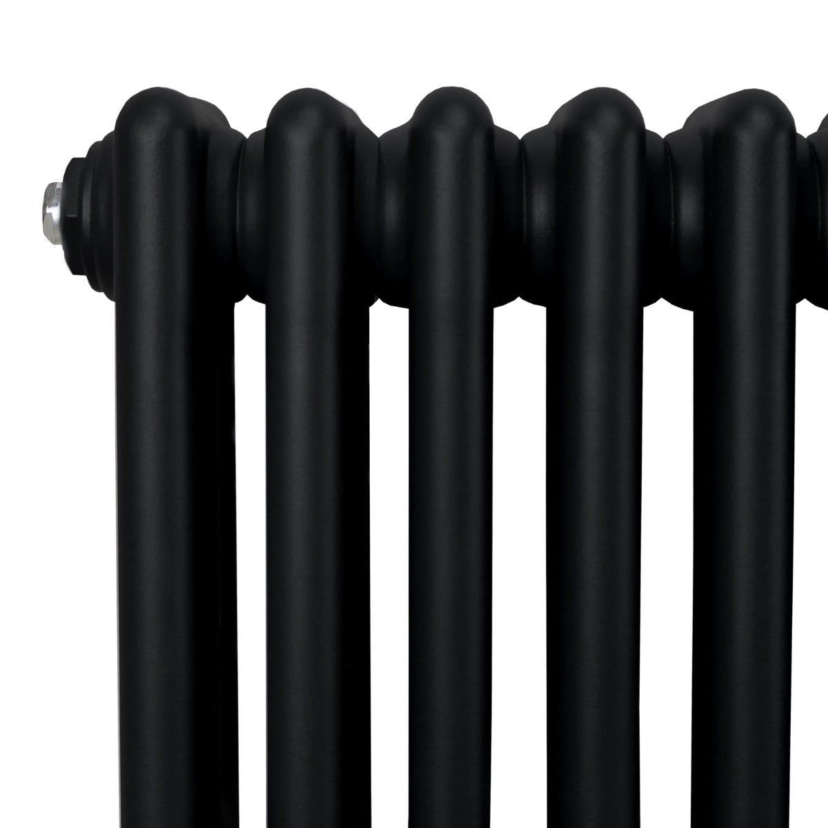Termosifone a 3 colonne in metallo nero opaco, con finitura liscia e forme arrotondate, misura 1800 x 202mm