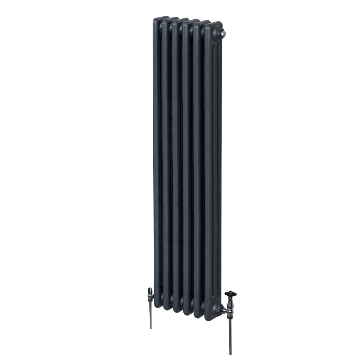 Termosifone a 3 colonne in grigio antracite, design elegante e moderno, con finitura liscia e dettagli metallici lucidi