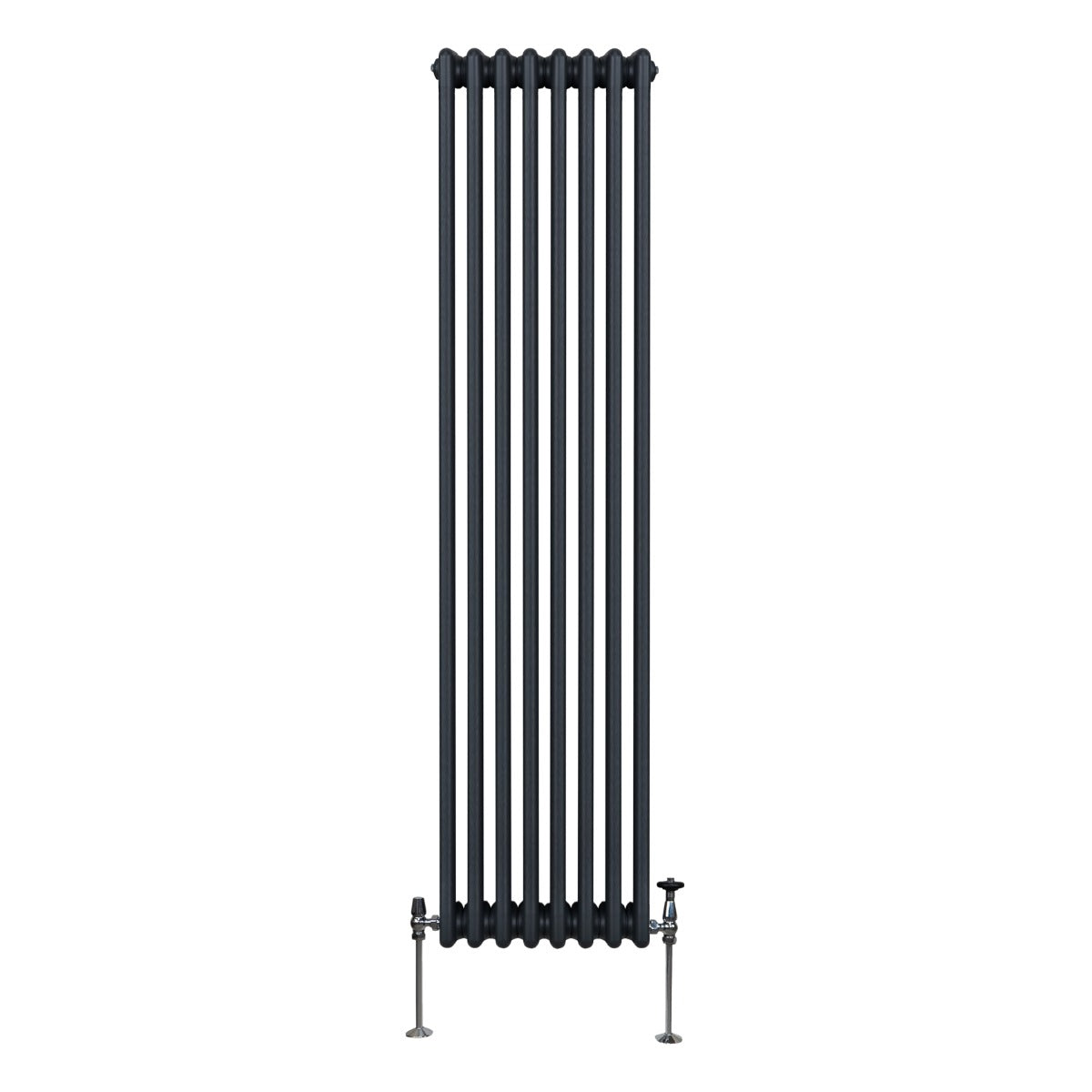Termosifone a 3 colonne grigio antracite, design elegante e moderno, con finitura liscia e tubi verticali, altezza 1800 mm e larghezza 382 mm