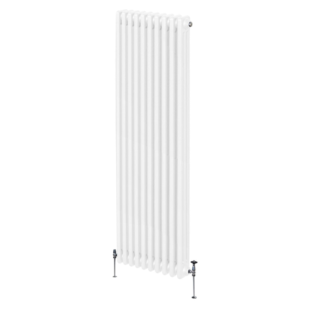 Termosifone a 3 colonne bianco, altezza 1800 mm, con finitura liscia e dettagli metallici, ideale per riscaldare ambienti moderni
