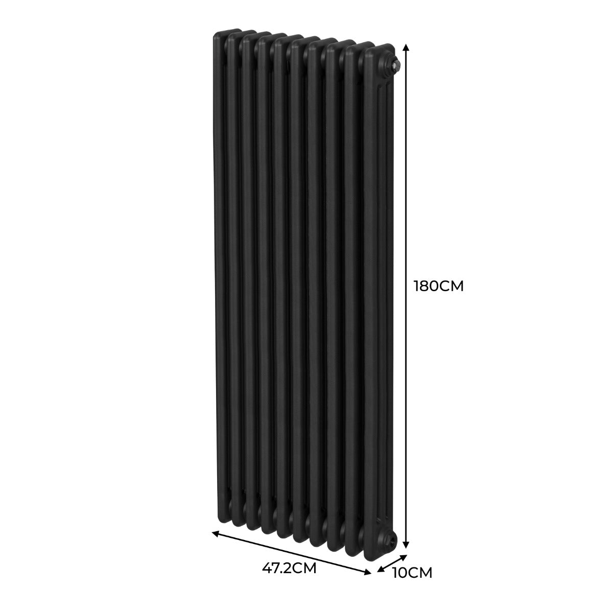 Termosifone a 3 colonne in nero, dimensioni 180 x 47,2 cm, con superficie liscia e design elegante, ideale per riscaldare ambienti moderni