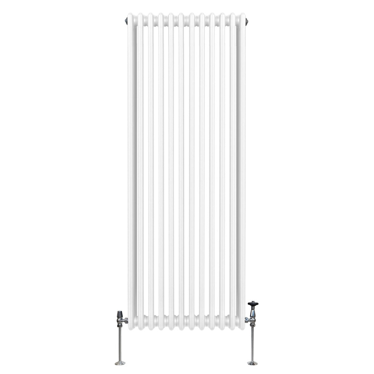 Termosifone a 3 colonne bianco, 1800 x 562mm, con finitura liscia e tubi rotondi, montato su supporti metallici eleganti