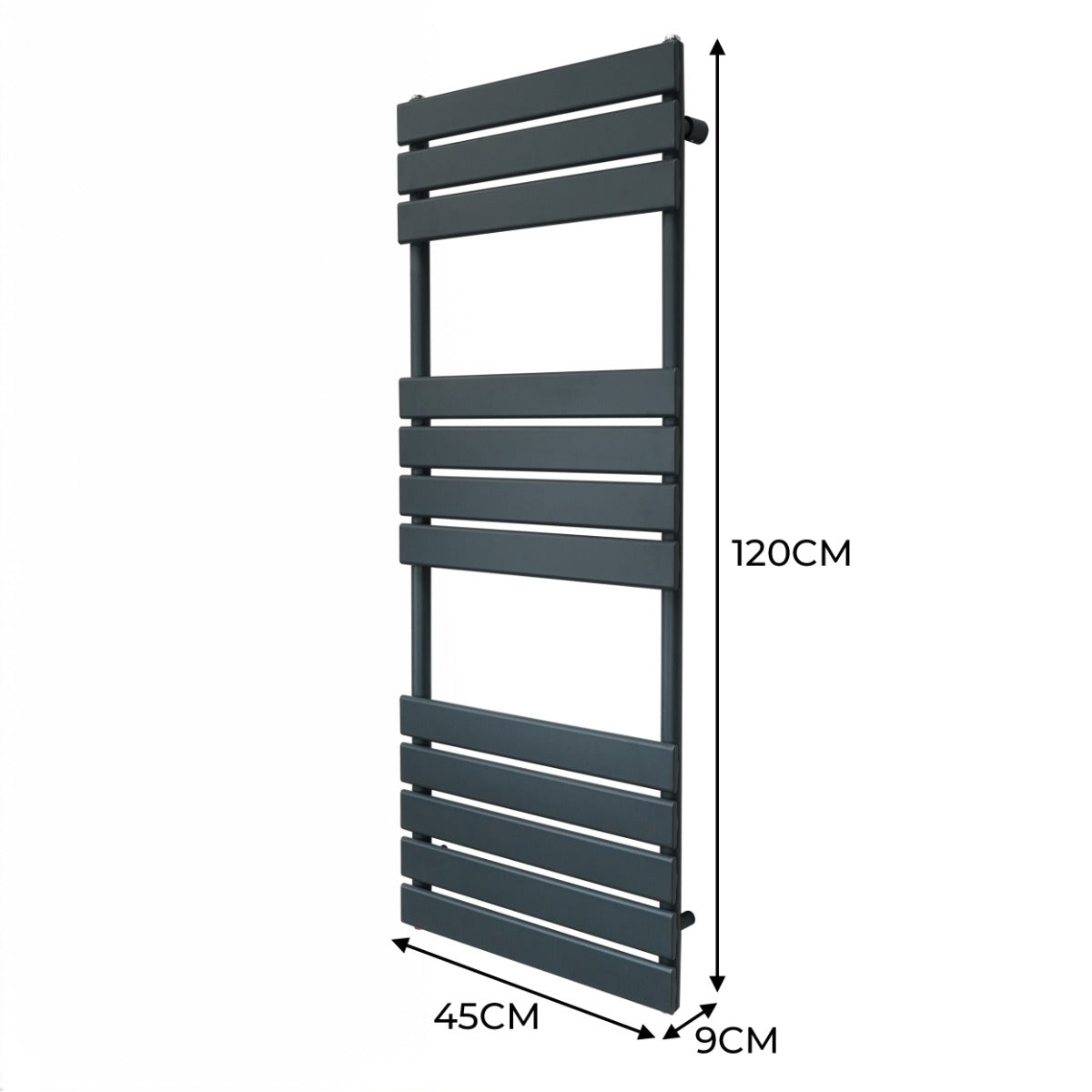 Radiatore per asciugamani a incasso grigio antracite, design elegante con barre orizzontali, dimensioni 1200mm x 450mm