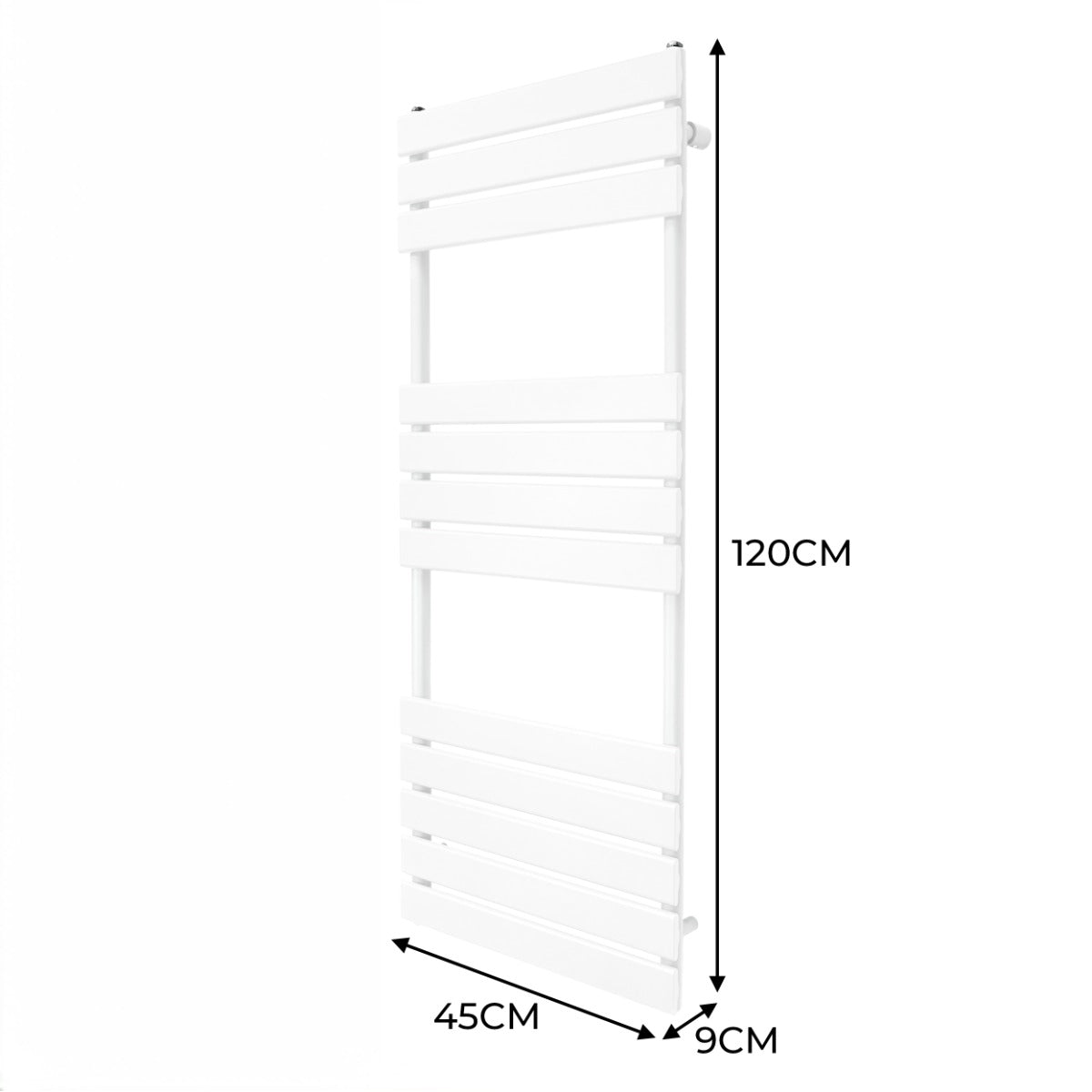 Radiatore per asciugamani a incasso bianco, misura 1200mm x 450mm, con design moderno e linee pulite, superficie liscia e lucida