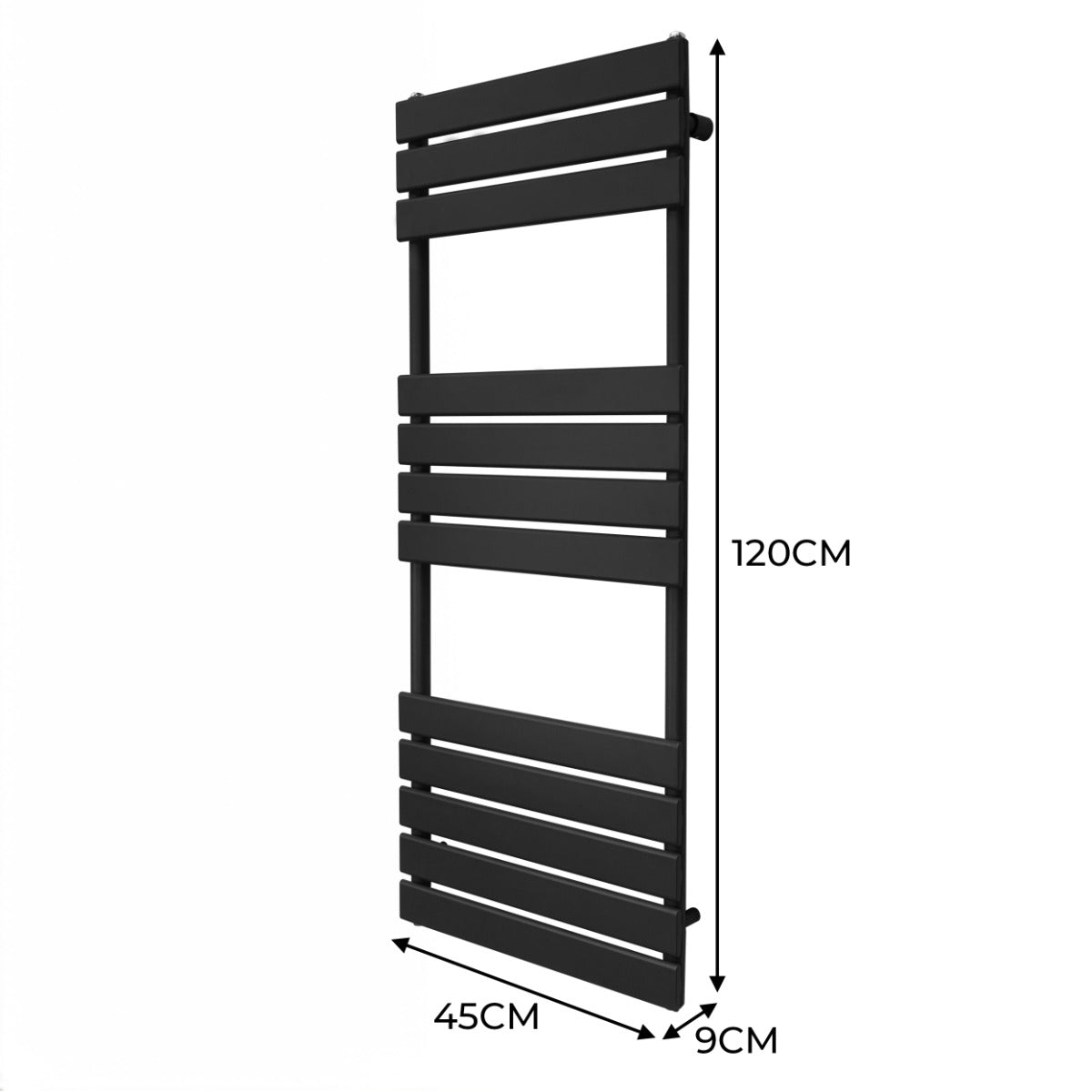 Radiatore per asciugamani a incasso, 1200mm x 450mm, finitura nera opaca, design moderno con barre orizzontali e texture liscia