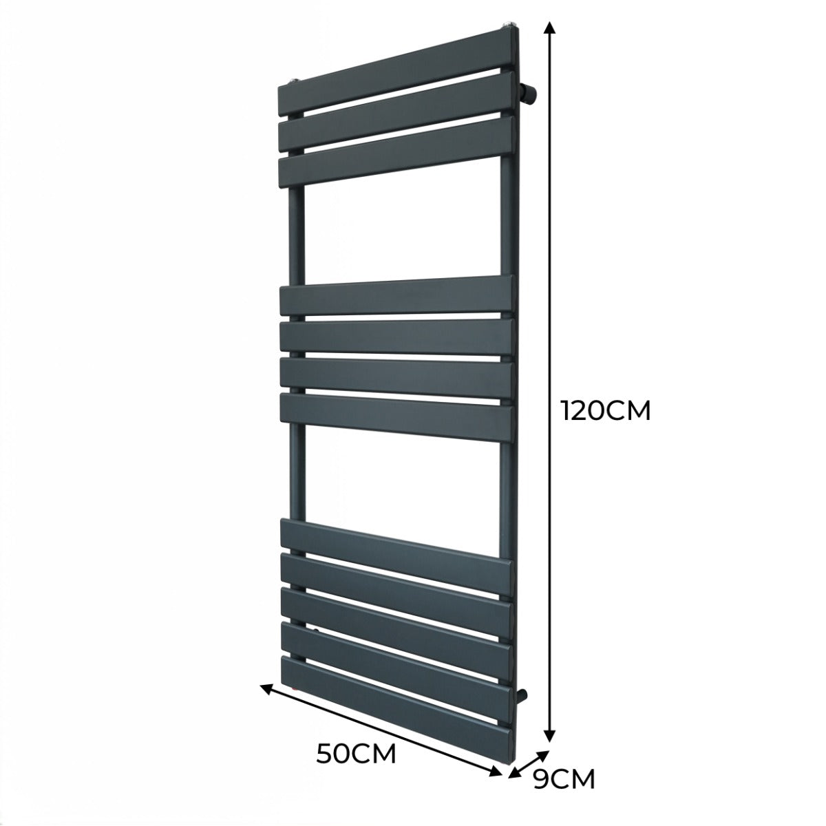 Radiatore per asciugamani a incasso grigio antracite, design moderno con barre orizzontali, dimensioni 120x50 cm, superficie liscia