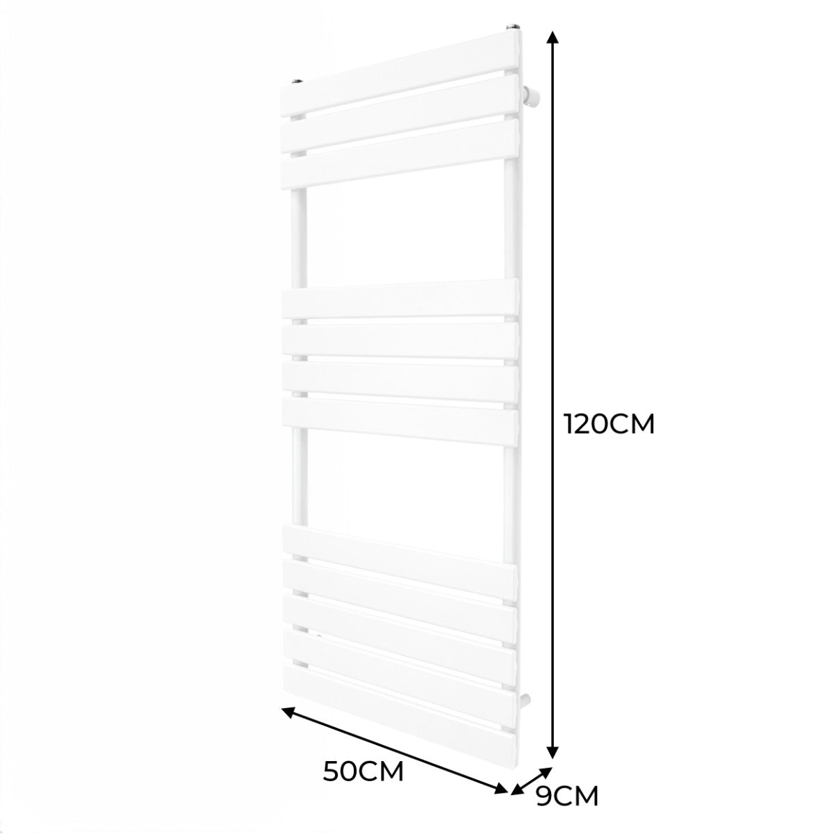 Radiatore per asciugamani a incasso bianco, design moderno con barre orizzontali, dimensioni 1200mm x 500mm, superficie liscia e pulita