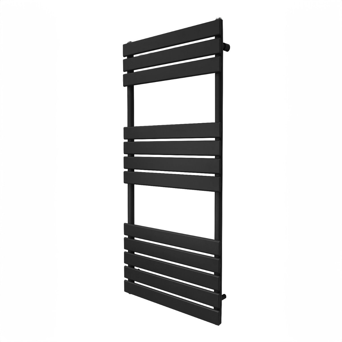 Radiatore per asciugamani a incasso, 1200mm x 500mm, finitura nera opaca, design moderno con barre orizzontali e texture liscia