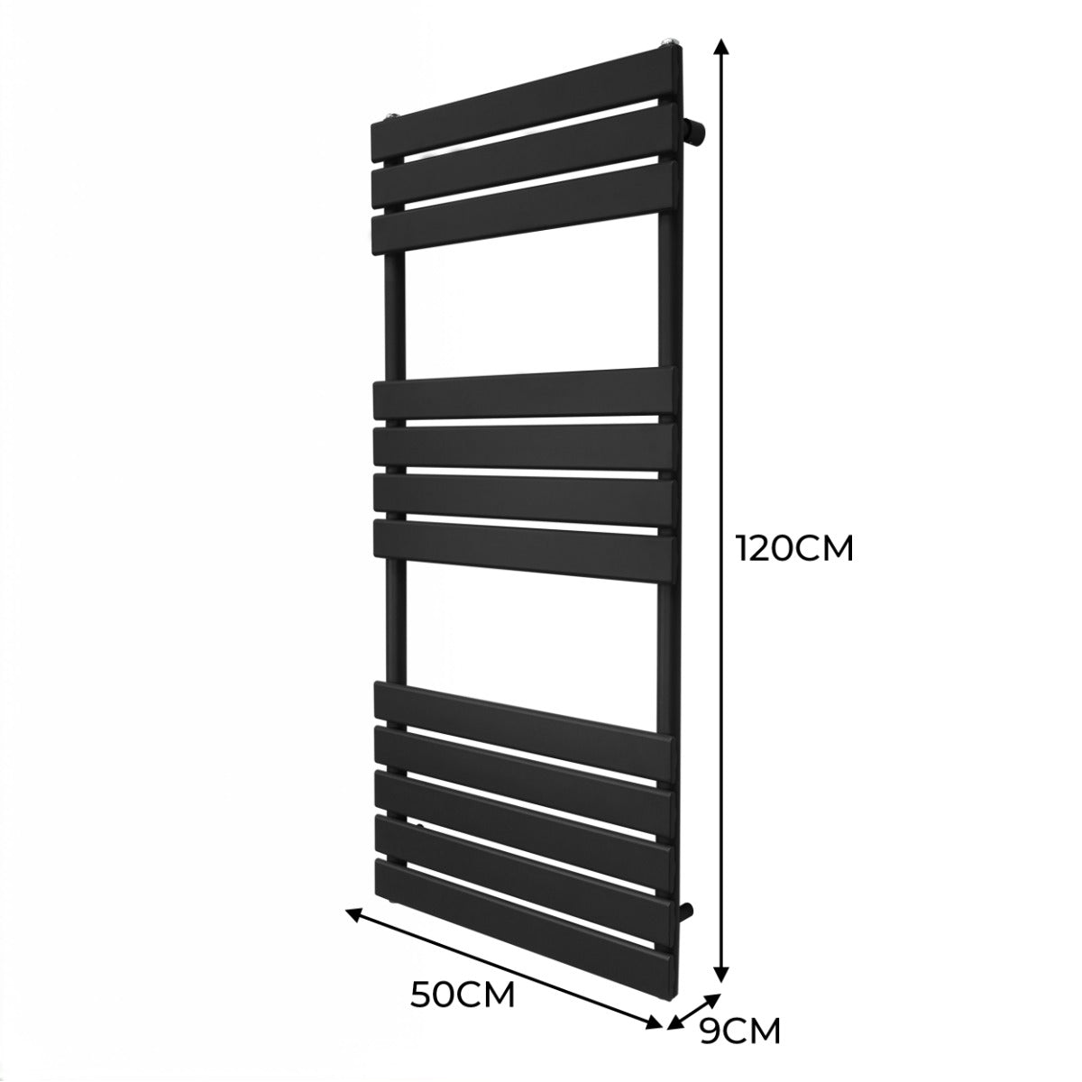 Radiatore per asciugamani a incasso, 1200mm x 500mm, colore nero opaco, design moderno con barre orizzontali e finitura liscia