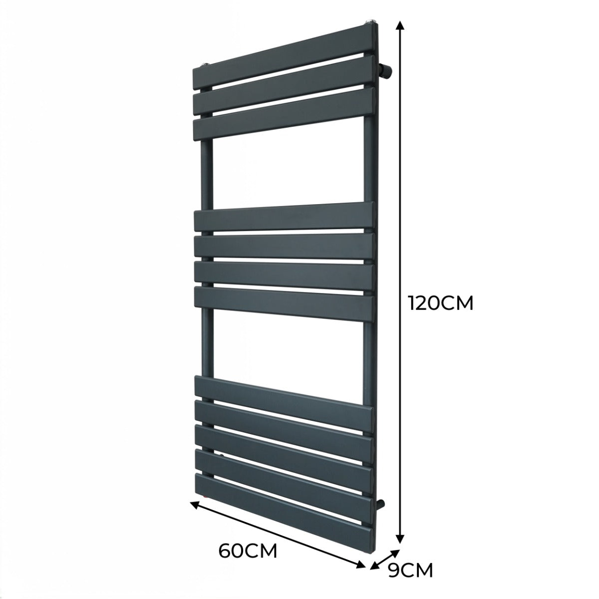 Radiatore per asciugamani a incasso in grigio antracite, design moderno con barre orizzontali, dimensioni 1200mm x 600mm