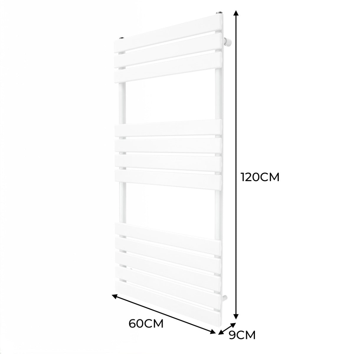 Radiatore per asciugamani a incasso bianco, dimensioni 1200mm x 600mm, con design a barre orizzontali e finitura liscia e moderna