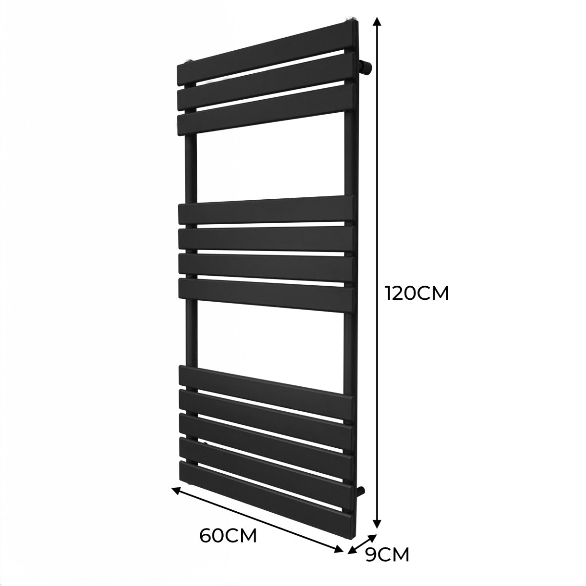 Radiatore per asciugamani a incasso, 1200mm x 600mm, finitura nera opaca, design moderno con barre orizzontali e texture liscia