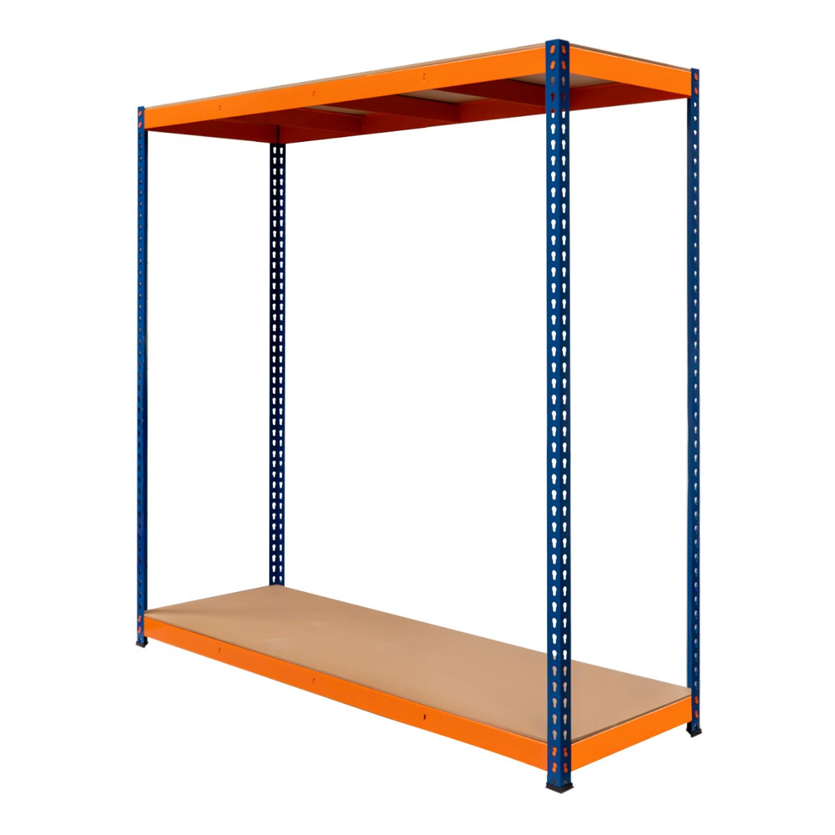 Scaffalatura a 2 ripiani S-Rax alta 180 cm, larga 180 cm, profonda 60 cm, con struttura blu e ripiani marroni in legno resistente