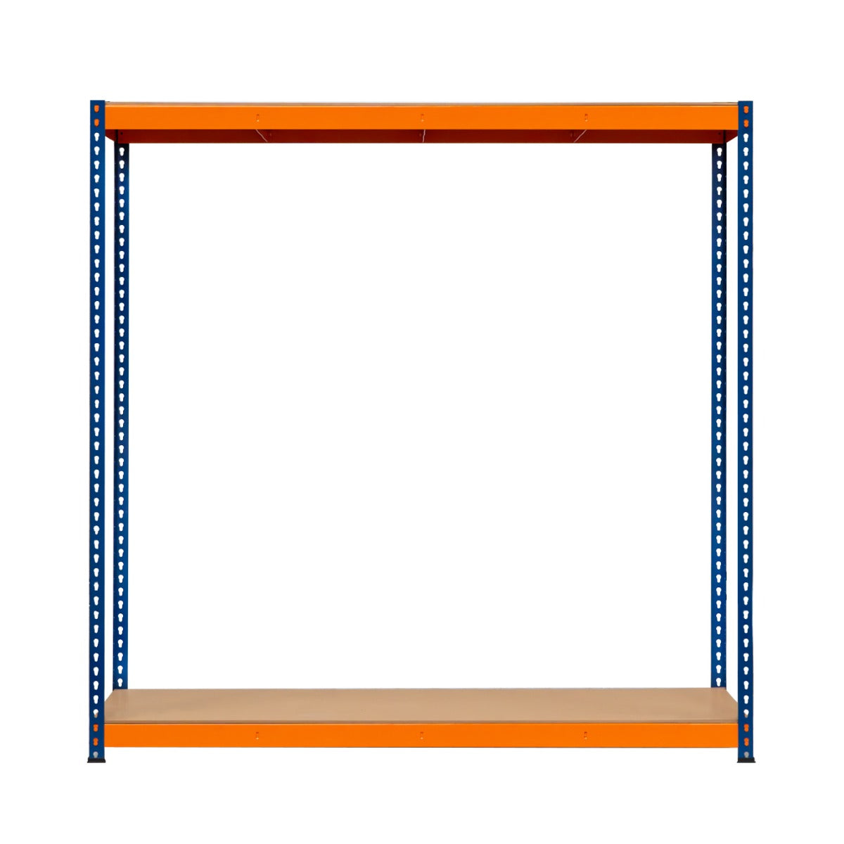 Scaffalatura a 2 ripiani S-Rax con struttura blu e ripiani in legno chiaro, dimensioni 180 cm x 180 cm x 60 cm, ideale per stoccaggio