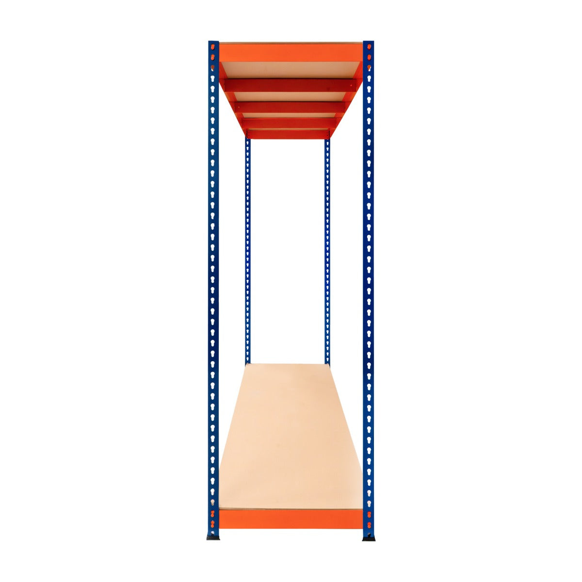 Scaffalatura a 2 ripiani S-Rax, struttura metallica blu e arancione, ripiani in legno chiaro, dimensioni 180x180x60 cm