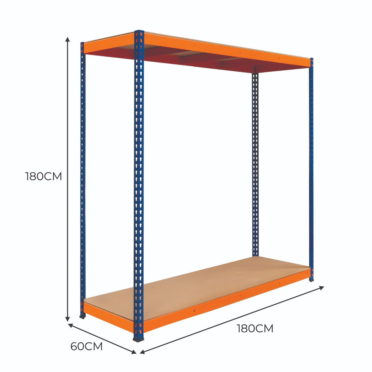 Scaffalatura a 2 ripiani S-Rax, struttura metallica blu e arancione, ripiani in legno, dimensioni 180 cm x 180 cm x 60 cm
