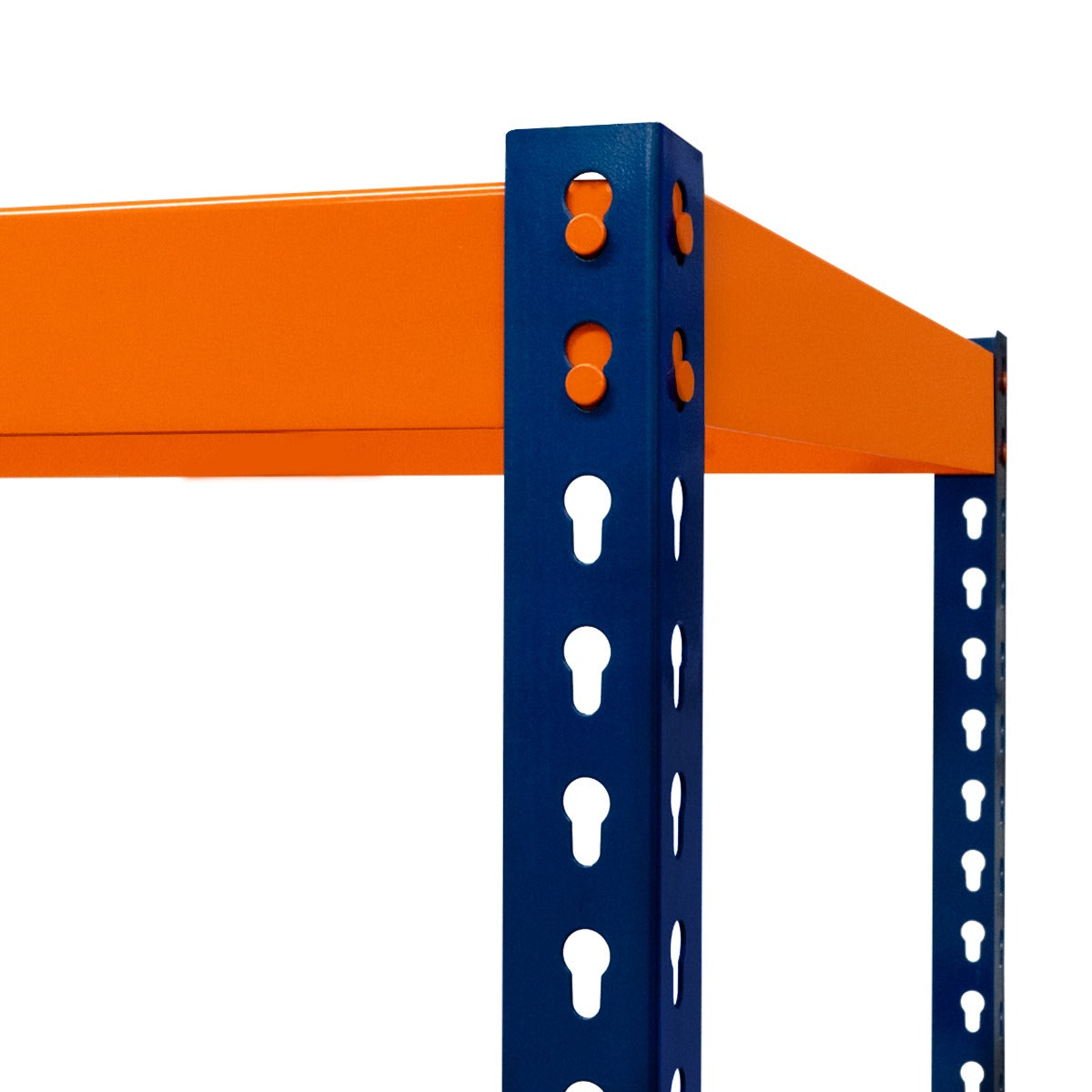 Scaffalatura a 2 ripiani S-Rax con struttura blu e ripiani arancioni, robusta e ideale per organizzare spazi di lavoro o magazzini