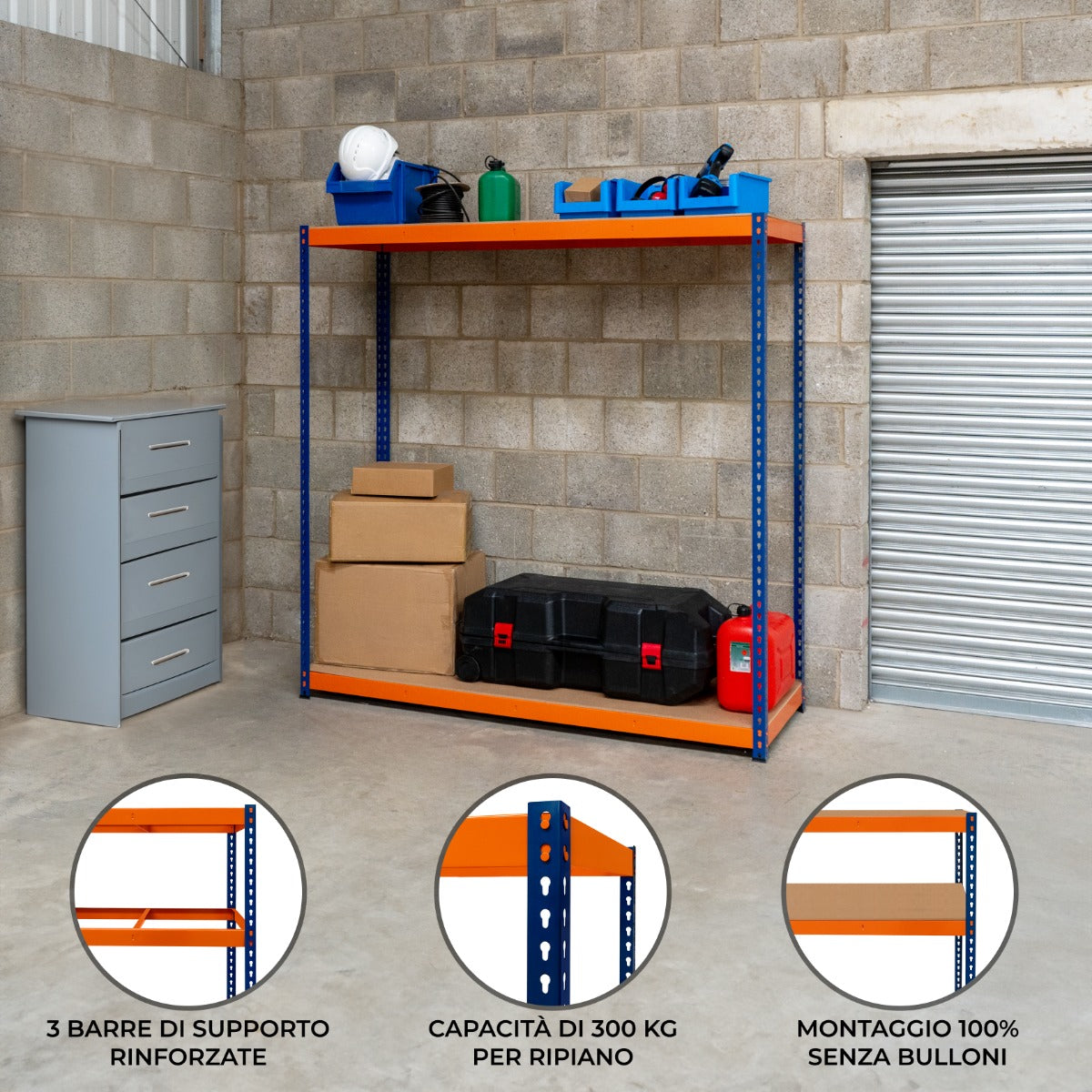 Scaffalatura a 2 ripiani S-Rax in metallo blu e arancione, robusta, con scatole e attrezzi, ideale per garage e magazzini