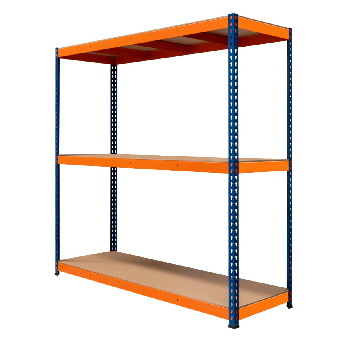 Scaffalatura a 3 ripiani S-Rax, struttura blu con ripiani arancioni, robusta e spaziosa, ideale per organizzare spazi di lavoro o magazzini