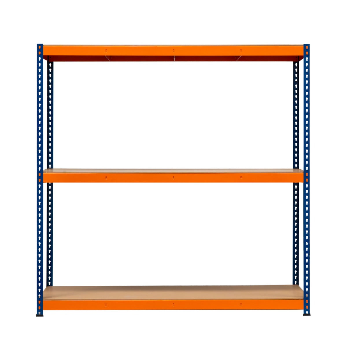 Scaffalatura a 3 ripiani con struttura blu e ripiani arancioni, ideale per organizzare spazi di lavoro e magazzini, dimensioni 180x180x60 cm