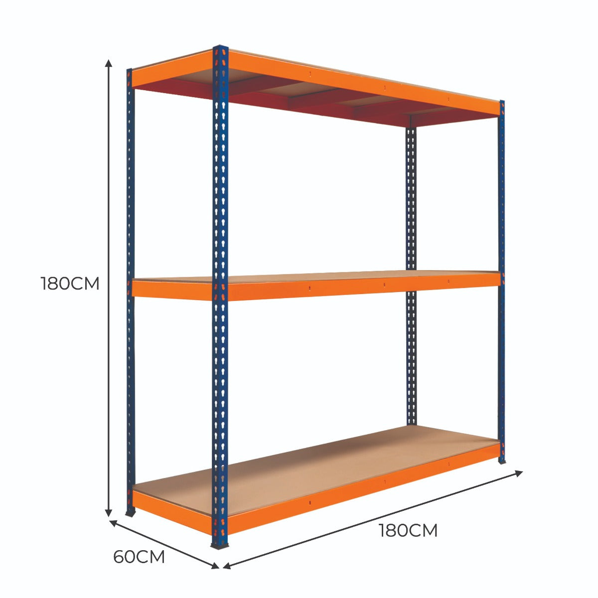 Scaffalatura a 3 ripiani S-Rax, struttura metallica blu con ripiani arancioni, dimensioni 180 cm x 180 cm x 60 cm, ideale per stoccaggio