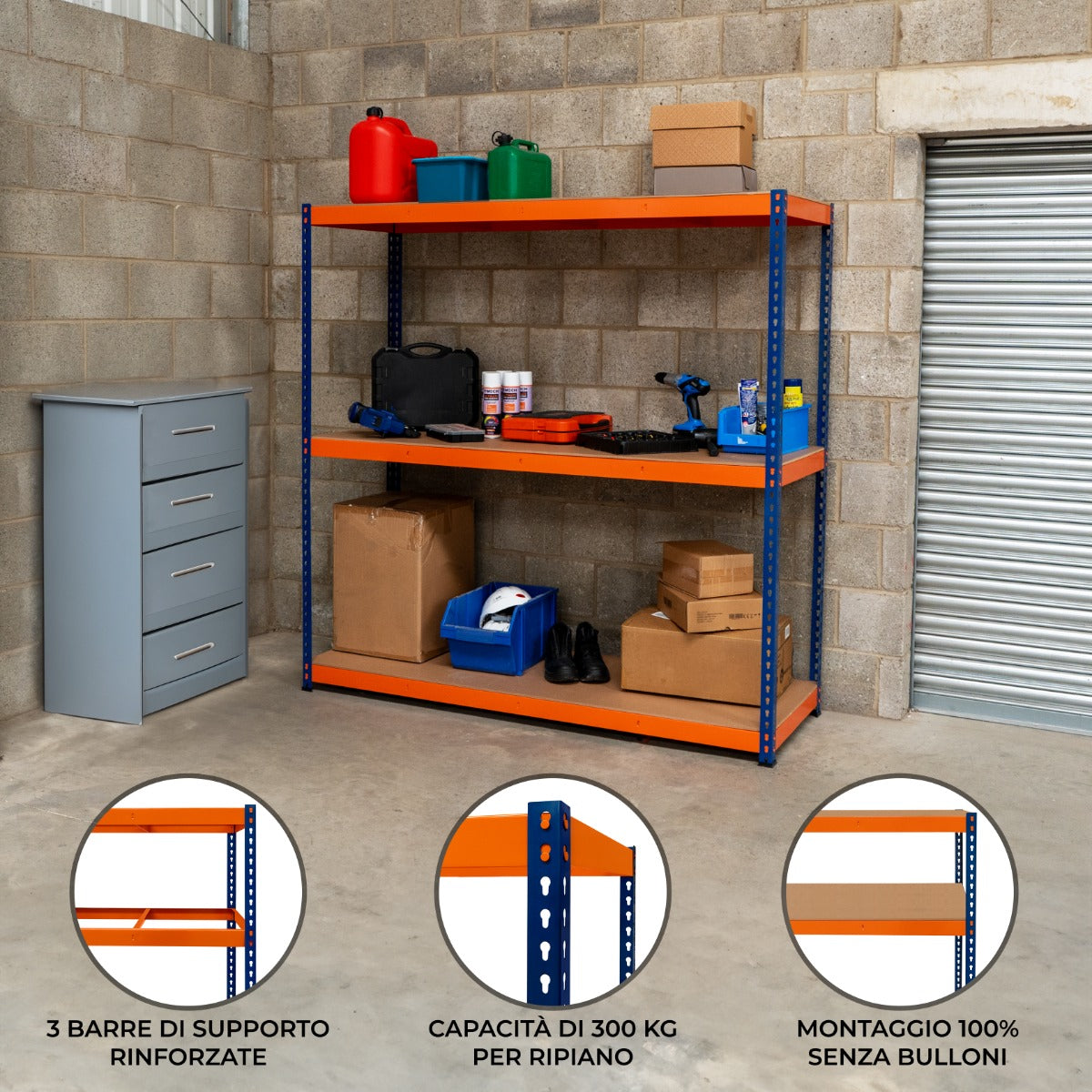 Scaffalatura a 3 ripiani in metallo blu e arancione, con ripiani robusti, ideale per garage o magazzini, capacità 300 kg per ripiano