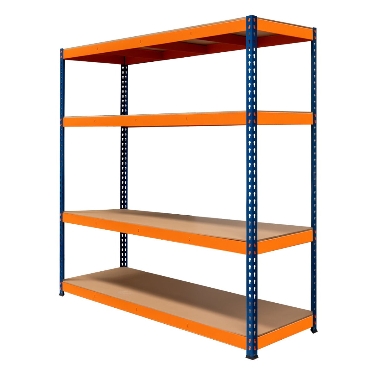 Scaffalatura a 4 ripiani S-Rax con struttura blu e ripiani beige, alta 180 cm e larga 180 cm, ideale per organizzare spazi di lavoro