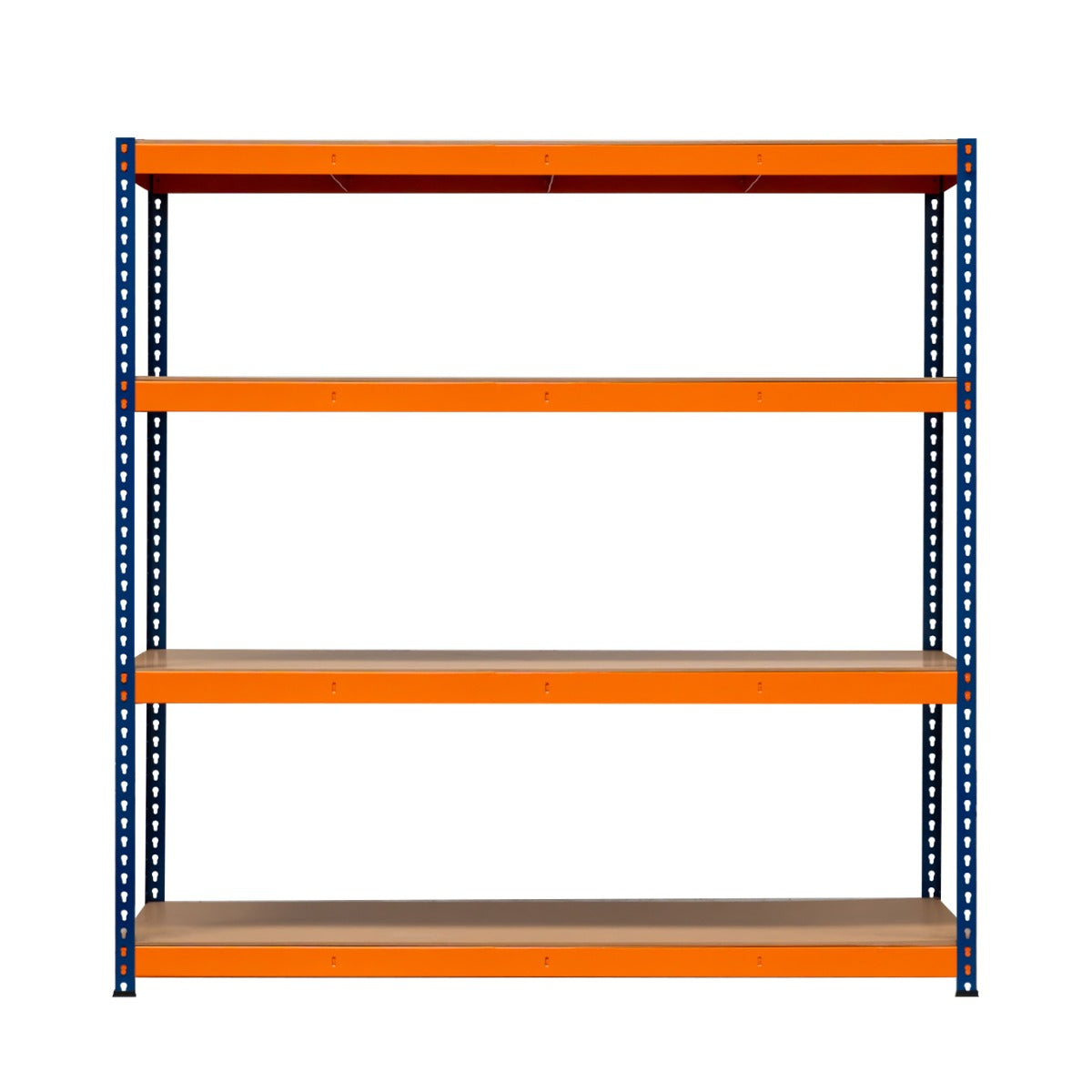 Scaffalatura a 4 ripiani con struttura blu e ripiani in legno chiaro, ideale per organizzare spazi di lavoro o magazzini