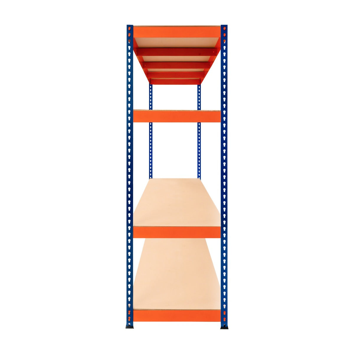 Scaffalatura a 4 ripiani S-Rax, struttura blu e arancione, ripiani in legno chiaro, dimensioni 180 cm x 180 cm x 60 cm, robusta e funzionale