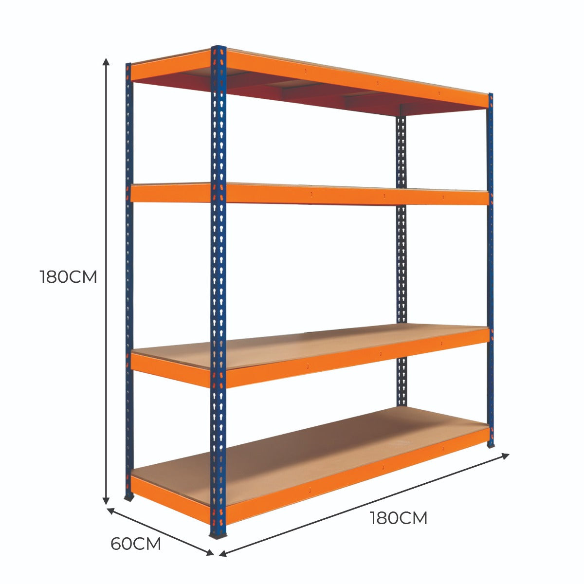 Scaffalatura a 4 ripiani S-Rax, struttura blu con ripiani marroni, dimensioni 180 cm x 180 cm x 60 cm, ideale per stoccaggio efficiente