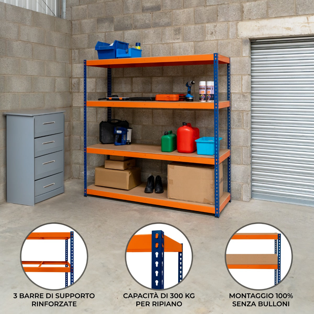 Scaffalatura a 4 ripiani in metallo blu e arancione, con ripiani robusti e capacità di 300 kg, ideale per garage e magazzini