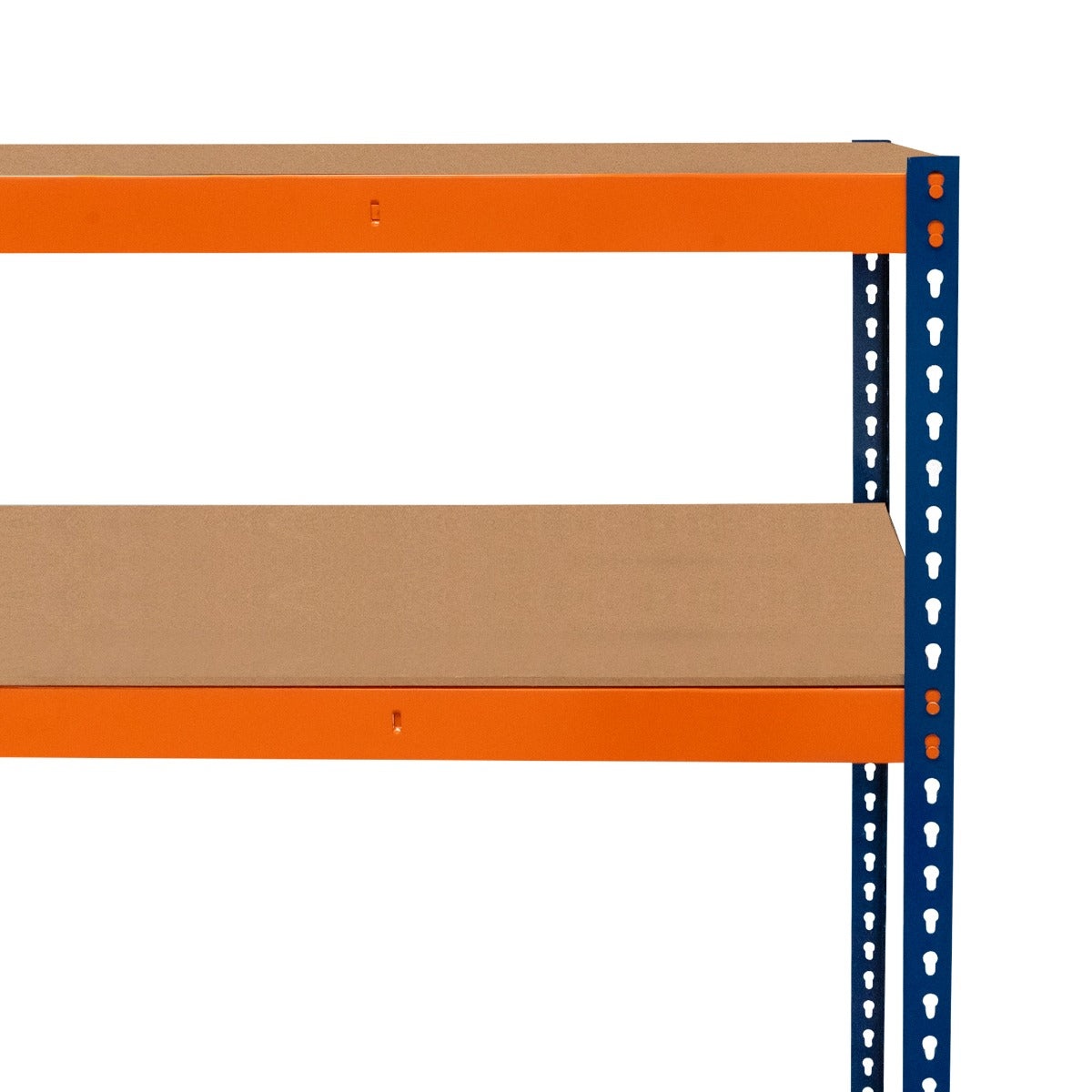 Scaffalatura a 6 ripiani con struttura blu e ripiani in MDF color legno, ideale per organizzare spazi di lavoro e magazzini