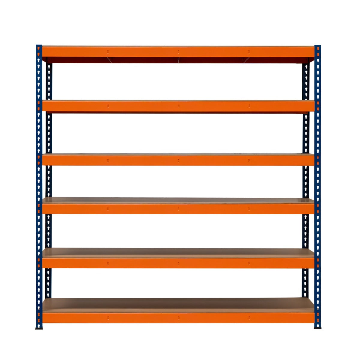 Scaffalatura a 6 ripiani con struttura blu e ripiani arancioni, ideale per organizzare spazi di lavoro e magazzini. Dimensioni 180x180x60 cm