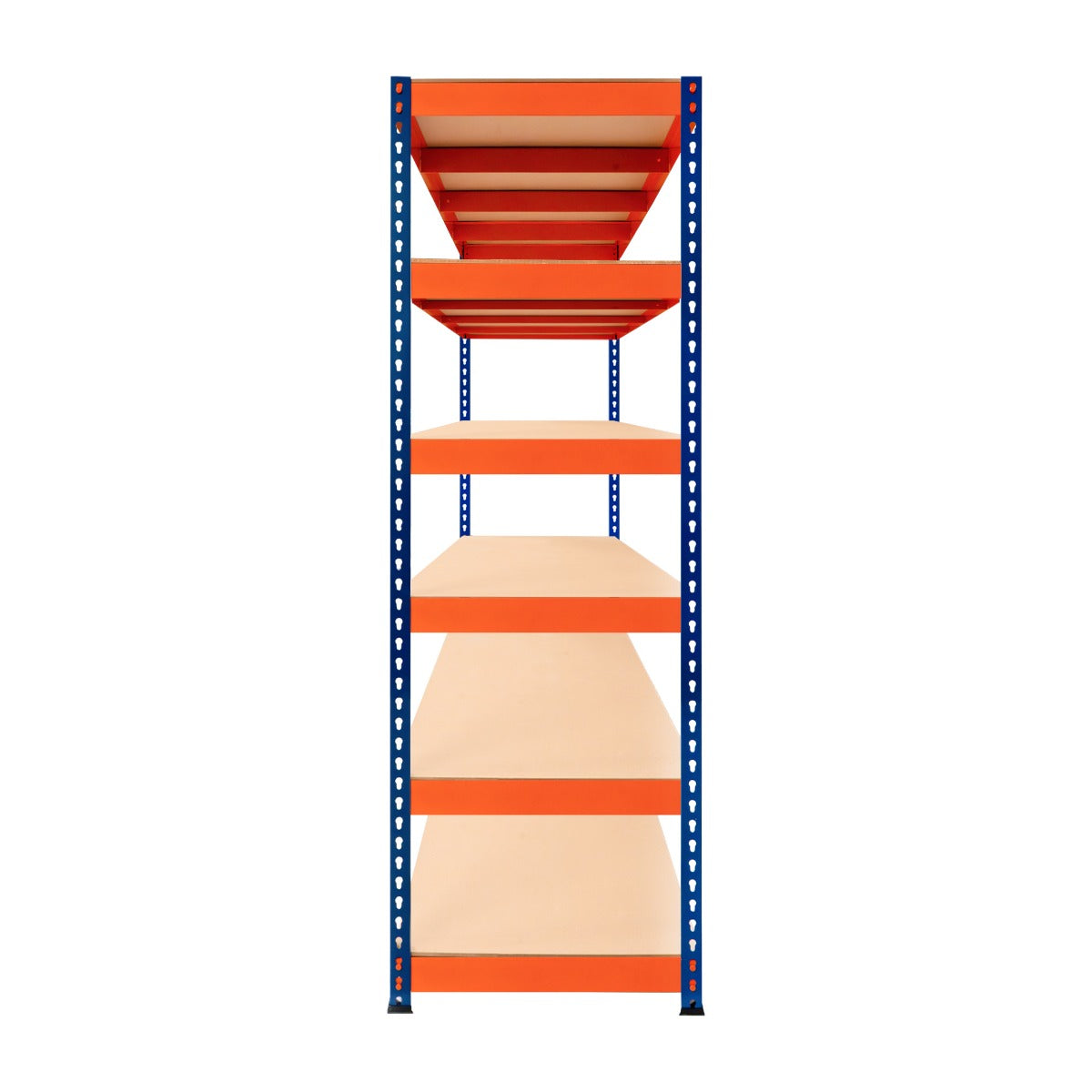 Scaffalatura a 6 ripiani, struttura blu e ripiani arancioni, alta 180 cm, profonda 60 cm, ideale per stoccaggio e organizzazione