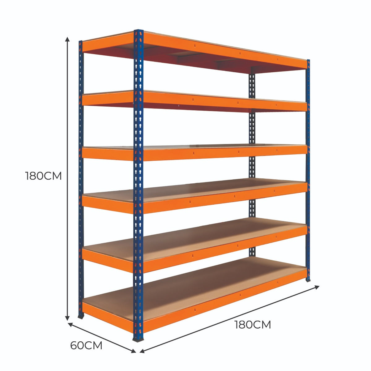 Scaffalatura a 6 ripiani in metallo blu e arancione, dimensioni 180 cm x 180 cm x 60 cm, con ripiani robusti e spaziosi per stoccaggio